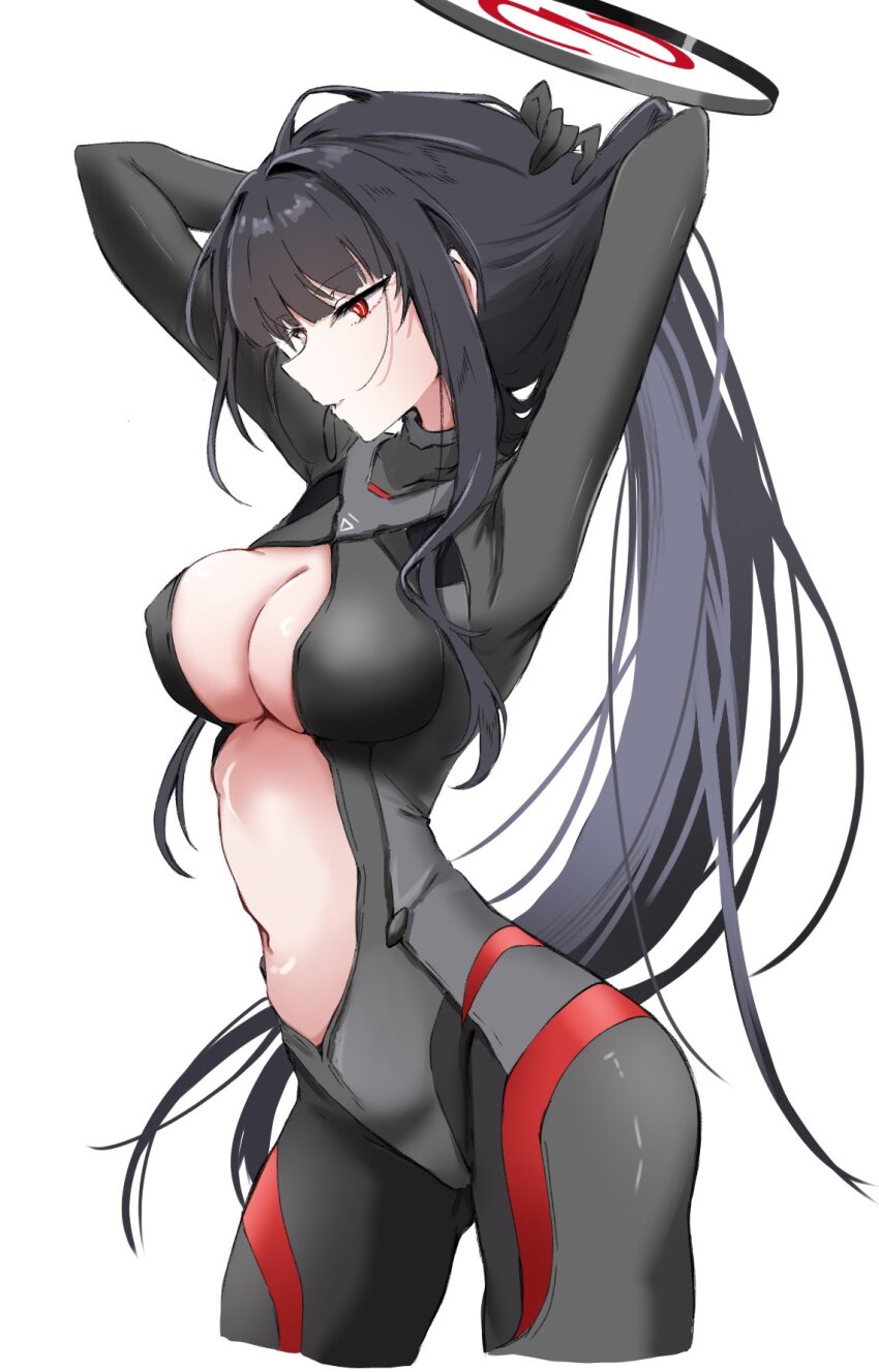 1girl, adjusting_hair, arms_up, black_bodysuit, black_hair, black_halo, blue_archive, blunt_bangs