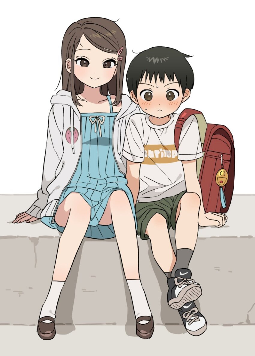 1boy, 1girl, arashiyama_takeru, backpack, bag, black_hair, black_shoes, blue_dress