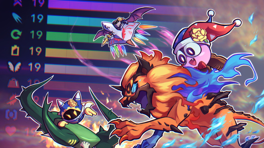 bat_wings, blue_eyes, blue_fire, bow, bowtie, claws, dragoon_(kirby), fangs