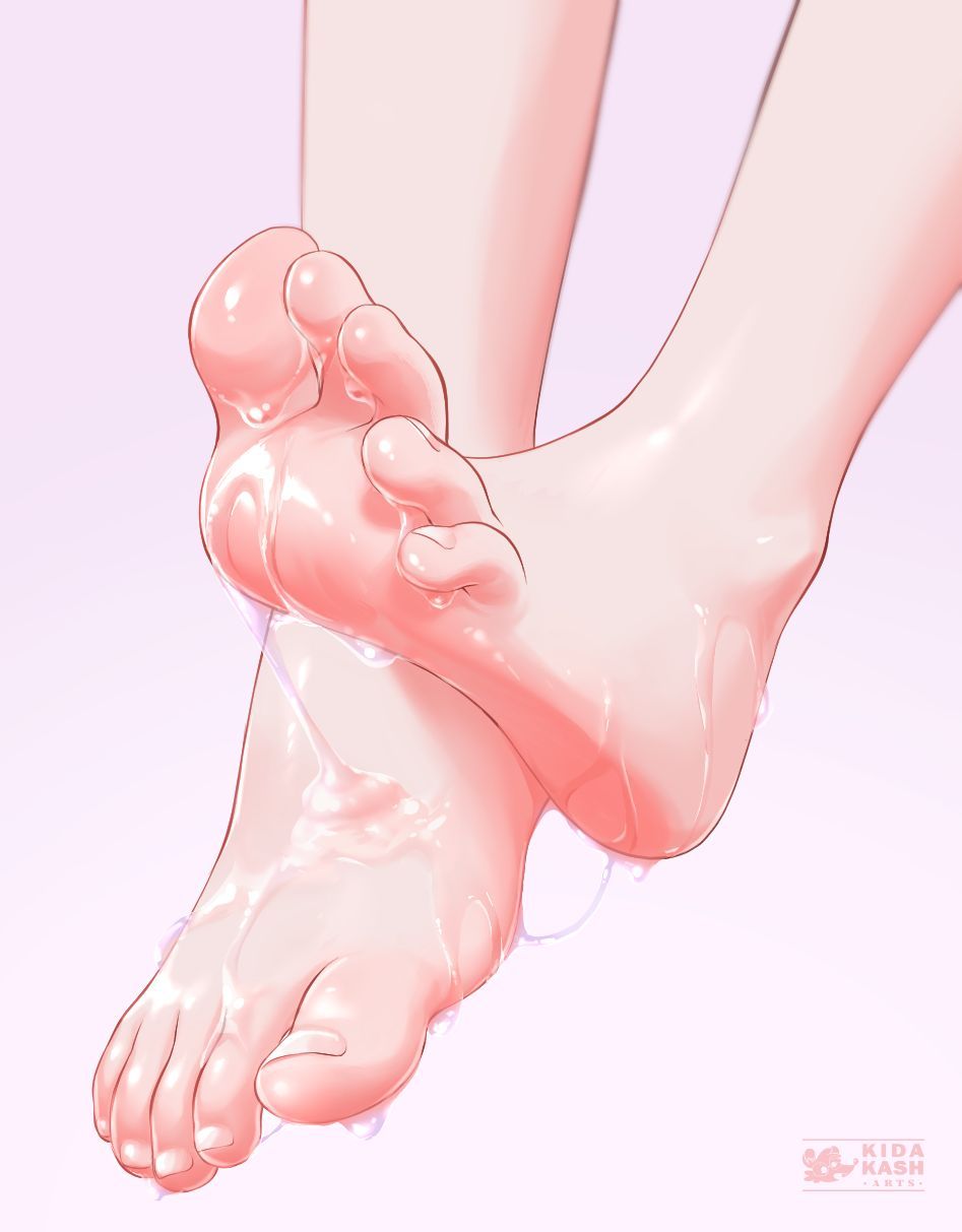 barefoot, feet, feet_only, feet_up, foot_focus, highres, kidakash, lube, original, pink_background, soles, toenails, toes