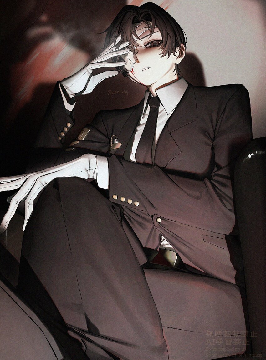 1boy, black_eyes, black_hair, black_jacket, black_necktie, black_suit, collared_shirt, commentary, crossed_legs, formal_clothes, from_below, gloves, highres, index_(identity)_(project_moon), jacket, lapels, limbus_company, looking_at_viewer, necktie, notched_lapels, parted_lips, project_moon, shirt, sitting, snn_shq, solo, suit, white_gloves, white_shirt, yi_sang_(project_moon)