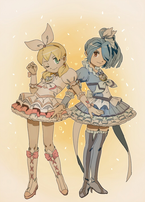 2boys, bad_id, bad_pixiv_id, bishounen, blonde_hair, blue_footwear, blue_skirt, boots, choker, cosplay, cure_beat, cure_beat_(cosplay), cure_rhythm, cure_rhythm_(cosplay), dress, frills, green_eyes, hair_over_one_eye, hair_ribbon, inazuma_eleven, inazuma_eleven_(series), kazemaru_ichirouta, knee_boots, long_hair, magical_girl, male_focus, miyasaka_ryou, multiple_boys, one_eye_closed, pall, ponytail, precure, ribbon, sepia_background, skirt, smile, suite_precure, tan, thigh_boots, thighhighs, trap, white_choker, wink