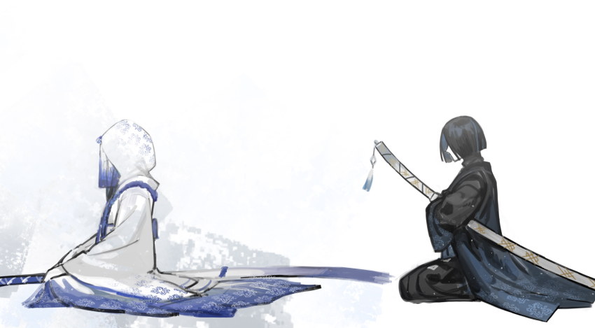 1boy, 1girl, black_coat, black_hakama, blue_rope, bob_cut, chinese_clothes, coat