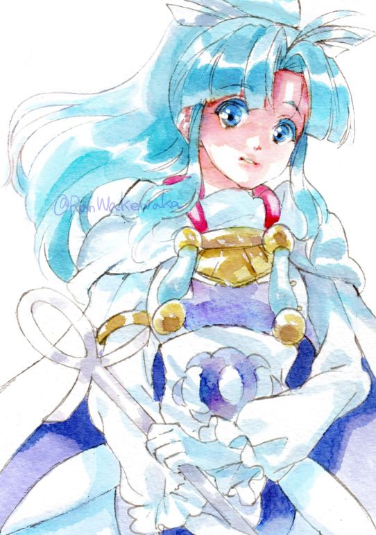 1girl, aqua_hair, blue_eyes, cape, commentary_request, gloves, golden_sun, hair_ribbon