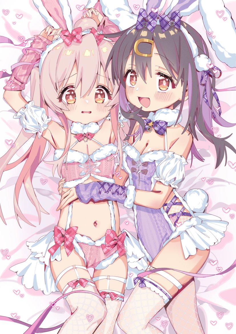 2girls, :d, ahoge, animal_ear_hairband, animal_ears, armpits, arms_up, bed_sheet, black_hair, blush, bow, bowtie, breasts, brown_eyes, fake_animal_ears, fishnet_thighhighs, fishnets, flat_chest, fur-trimmed_leotard, fur_trim, hair_between_eyes, hair_bow, hair_down, hair_ornament, hairband, hairclip, heart, jacket, leotard, loli, long_hair, looking_at_viewer, lying, midriff, mochitsuki_kagami, multicolored_hair, multiple_girls, navel, official_alternate_costume, on_back, onii-chan_wa_oshimai!, open_clothes, open_jacket, open_mouth, oyama_mahiro, oyama_mihari, pink_bow, pink_bowtie, pink_hair, purple_bow, purple_bowtie, purple_hair, rabbit_ears, rabbit_tail, siblings, side-tie_leotard, sisters, small_breasts, smile, tail, thigh_gap, thigh_strap, thighhighs, two-tone_hair, white_hairband