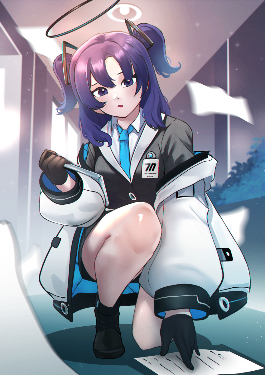 1girl, :o, absurdres, black_gloves, black_halo, black_jacket, black_shoes, blazer