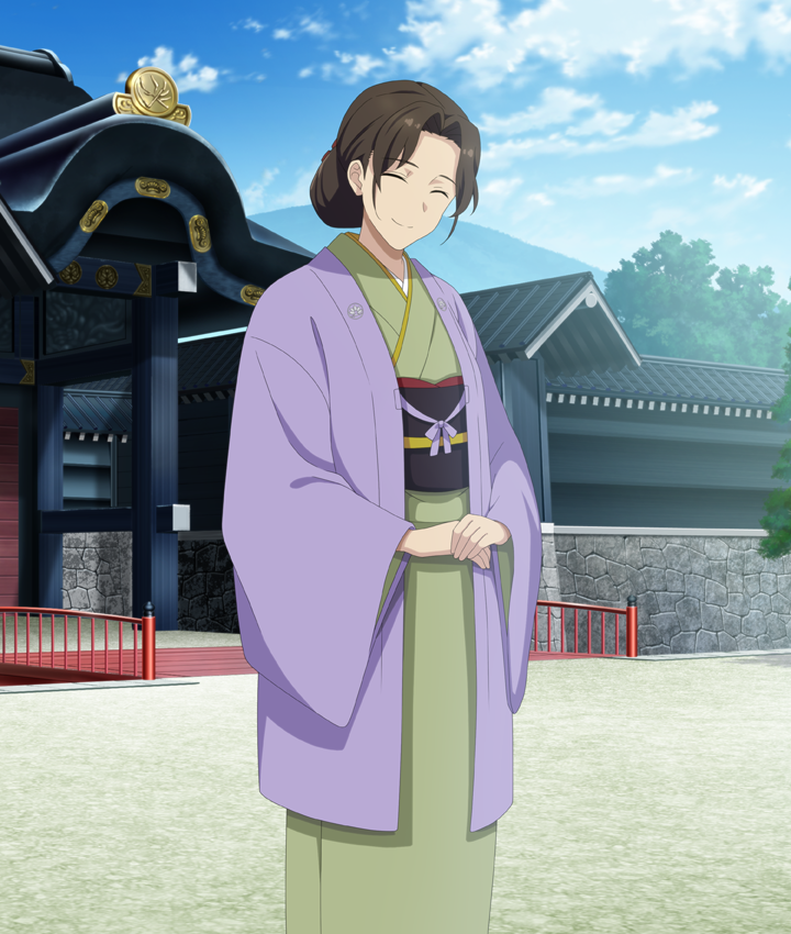 1girl, architecture, black_hair, black_sash, blue_sky, bridge, closed_eyes, closed_mouth, cloud, day, east_asian_architecture, facing_viewer, feet_out_of_frame, game_cg, gojou_iroha, green_kimono, hair_bun, haori, head_tilt, japanese_clothes, kimono, long_sleeves, mature_female, mountain, obi, official_art, outdoors, own_hands_together, parted_bangs, purple_haori, railing, sash, short_hair, sidelocks, single_hair_bun, sky, smile, solo, standing, stone_wall, third-party_source, toji_no_miko, toji_no_miko:_kizamishi_issen_no_tomoshibi, tree