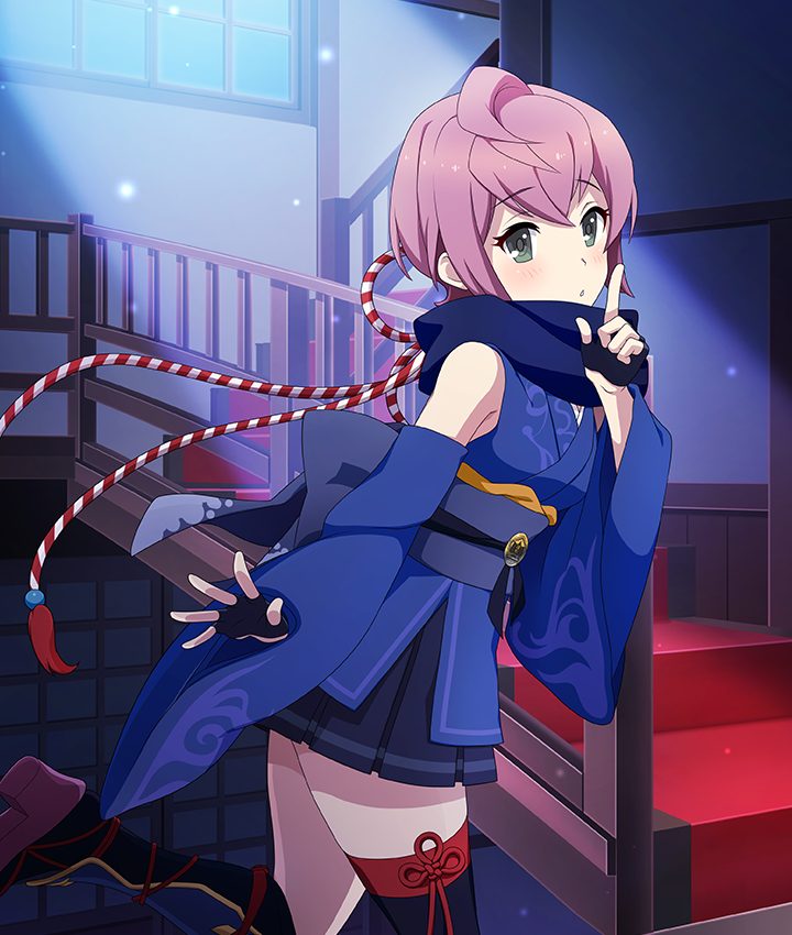 1girl, ahoge, asymmetrical_legwear, bare_shoulders, black_gloves, black_socks, black_thighhighs, blue_kimono, blue_sash, blue_scarf, blush, dappled_moonlight, finger_to_mouth, fingerless_gloves, from_side, game_cg, gloves, green_eyes, hand_up, high_heels, index_finger_raised, indoors, japanese_clothes, kimono, kneehighs, looking_at_viewer, looking_to_the_side, moonlight, nagasaki_sumi, night, ninja, obi, official_art, purple_hair, purple_shoes, railing, rope, sash, scarf, shimenawa, shoes, short_hair, shushing, single_kneehigh, single_sock, single_thighhigh, sleeveless, sleeveless_kimono, socks, solo, stairs, standing, standing_on_one_leg, thighhighs, third-party_source, toji_no_miko, toji_no_miko:_kizamishi_issen_no_tomoshibi, window, zettai_ryouiki