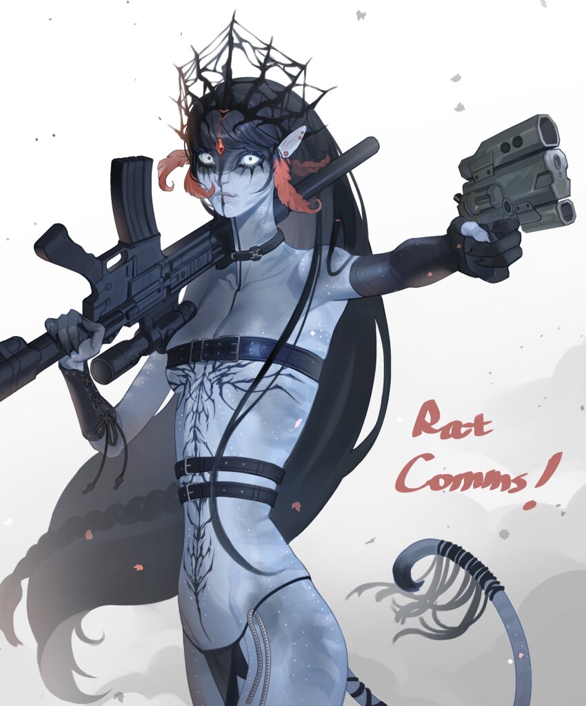 1girl, absurdres, alien, alternate_hairstyle, assault_rifle, avatar:_fire_and_ash, black_loincloth, bodypaint