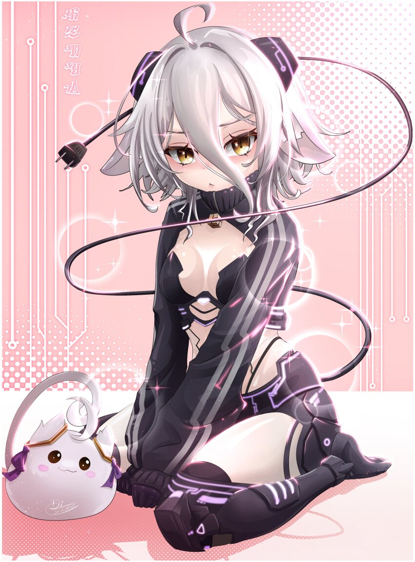 1girl, absurdres, ahoge, black_gloves, black_hoodie, black_shorts, breasts, cleavage, commentary, electric_plug, electric_plug_tail, english_commentary, gloves, grey_hair, hair_between_eyes, hair_flaps, henya_the_genius, henya_the_genius_(cyber_henya), highres, hood, hoodie, indie_virtual_youtuber, long_bangs, looking_at_viewer, mechanical_legs, open_mouth, shihir09, short_hair, shorts, small_breasts, solo, tail, virtual_youtuber, yellow_eyes