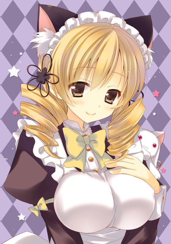 10s, 1girl, alternate_costume, animal_ears, bad_id, bad_nicoseiga_id, blonde_hair, cat_ears, drill_hair, enmaided, kemonomimi_mode, kyubey, mahou_shoujo_madoka_magica, mahou_shoujo_madoka_magica_(anime), maid, maid_headdress, mitsuki_tsumi, smile, tomoe_mami, twin_drills, twintails, yellow_eyes