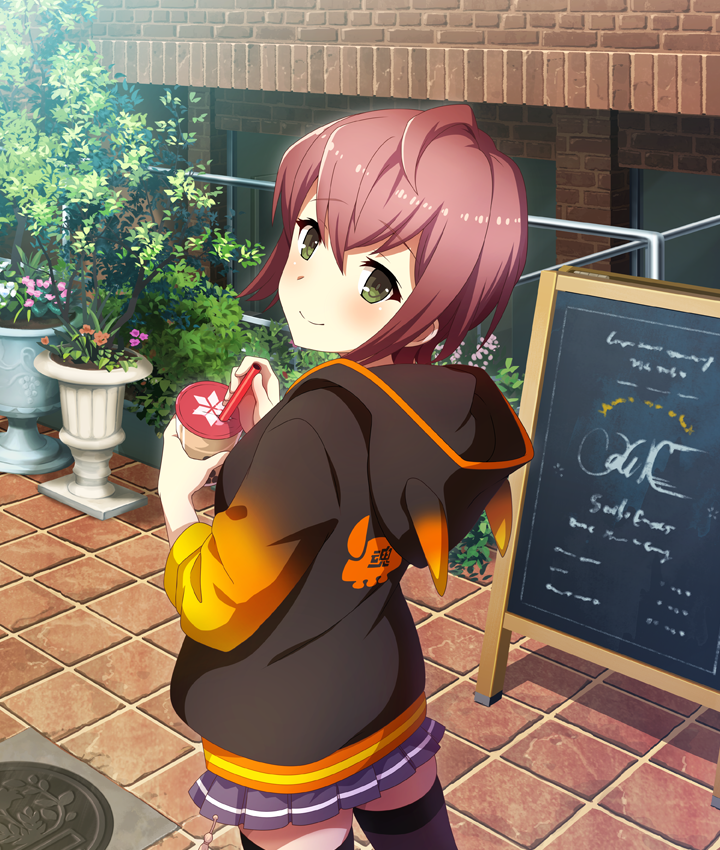 1girl, ahoge, black_jacket, black_thighhighs, blue_skirt, blush, brick_wall, bubble_tea