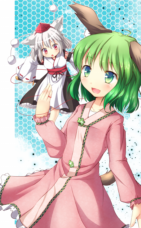 2girls, animal_ears, chibi, female_focus, green_eyes, green_hair, hat, inubashiri_momiji
