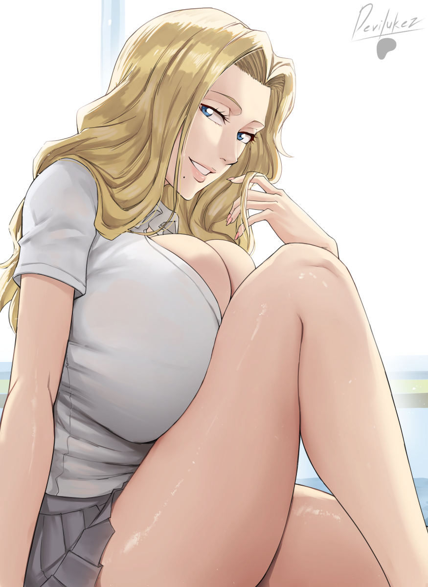 1girl, artist_name, bleach, blonde_hair, blue_eyes, devilukez, female_focus, karakura_high_school_uniform