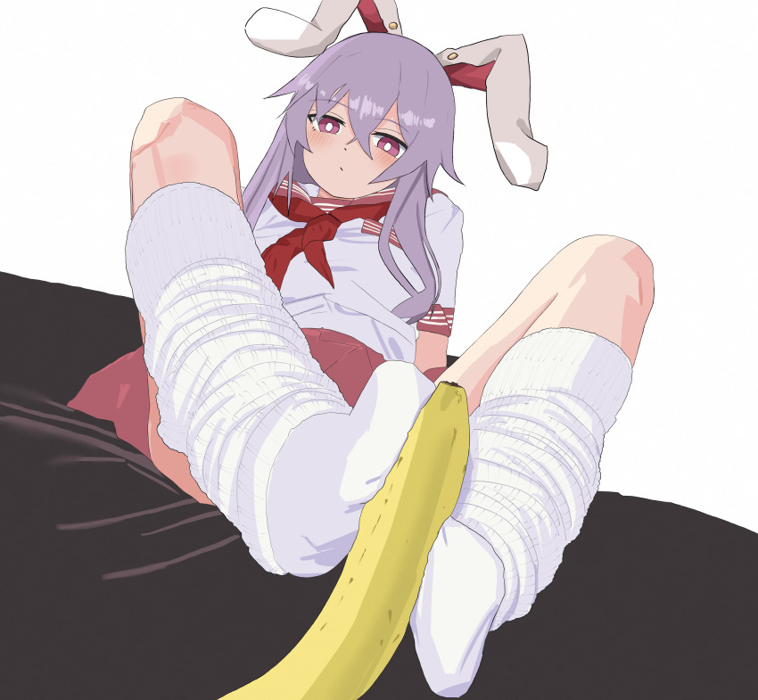 1girl, :/, absurdres, alternate_costume, animal_ear_piercing, animal_ears, banana, black_blanket, blush, bright_pupils, closed_mouth, collar, commentary_request, crossed_bangs, double-parted_bangs, doubutsu_koujou, food, fruit, highres, knees_apart_feet_together, knees_up, long_hair, loose_socks, neckerchief, on_bed, partial_commentary, purple_hair, rabbit_ears, rabbit_girl, red_collar, red_eyes, red_neckerchief, red_skirt, red_trim, reisen_udongein_inaba, school_uniform, serafuku, shirt, short_sleeves, simple_background, simulated_footjob, sitting, skirt, socks, solo, touhou, white_background, white_pupils, white_shirt, white_socks