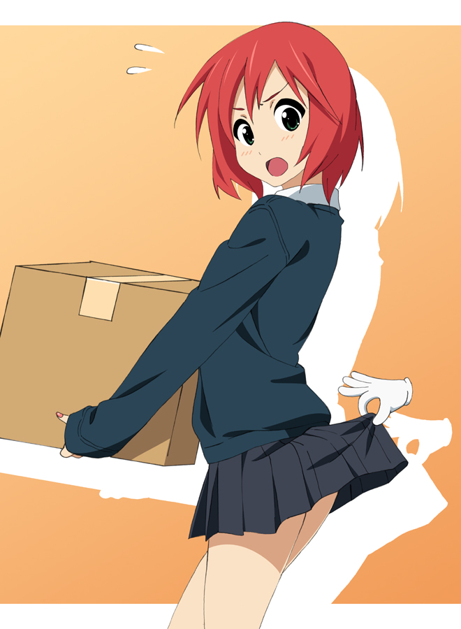 1girl, box, clothes_lift, disembodied_hand, female_focus, fukuoka_katsumi, grabber_tool, green_eyes