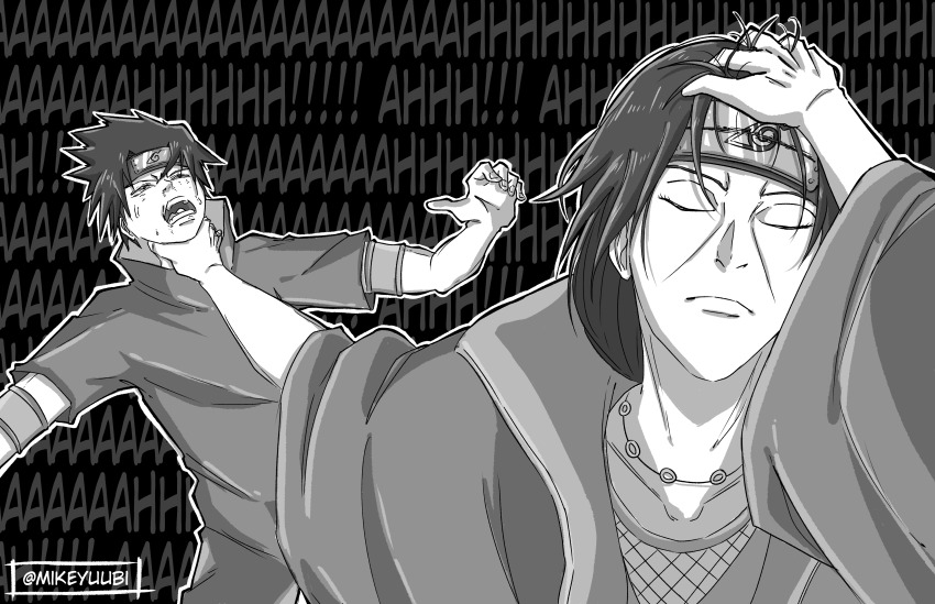 2boys, absurdres, adjusting_hair, artist_name, brothers, commentary, english_commentary, hair_slicked_back, hand_in_own_hair, hand_on_own_head, highres, male_focus, meme, mikeyuubi, monochrome, multiple_boys, naoya_hitting_choso_without_looking_(meme), naruto_(classic), naruto_(series), parody, scene_reference, siblings, signature, strangling, twitter_username, uchiha_itachi, uchiha_sasuke