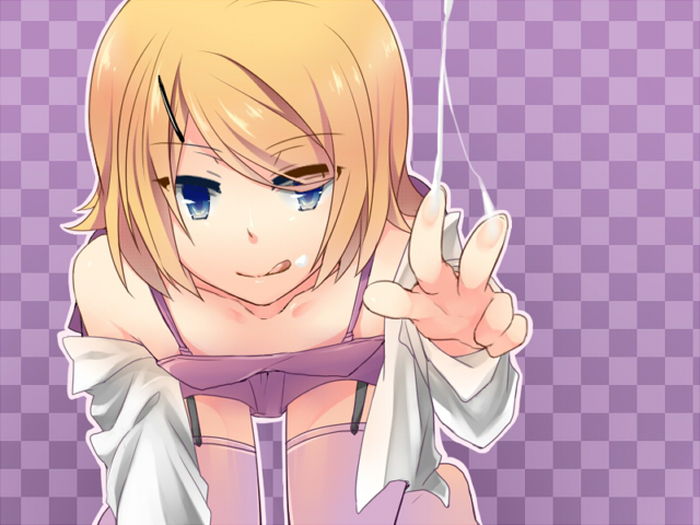 1girl, :q, blonde_hair, blue_eyes, cream, female_focus, food, food_on_face, hair_ornament, hairclip, kagamine_rin, leaning_forward, shinyae, short_hair, smile, solo, tongue, tongue_out, vocaloid