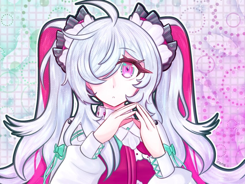 1girl, :o, ahoge, arcaea, bow, collared_dress, cosmicirene, dress