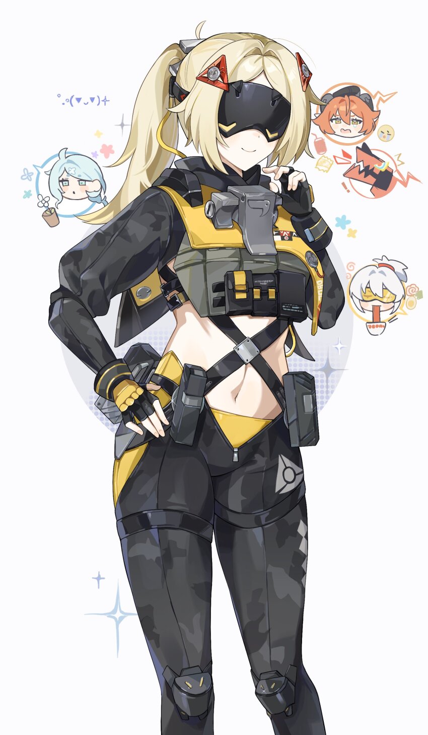 4girls, absurdres, ahoge, black_gloves, black_pants, blindfold_mask, blonde_hair, blue_eyes