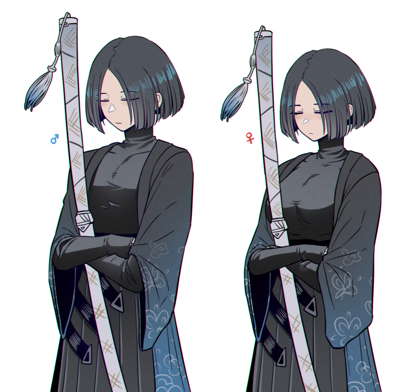 1boy, 1girl, black_hair, black_shirt, bob_cut, closed_eyes, commentary_request, genderswap, genderswap_(mtf), hakama, highres, holding, holding_sword, holding_weapon, japanese_clothes, korean_commentary, limbus_company, long_sleeves, misg1111, project_moon, ren_(project_moon), scabbard, sheath, shirt, short_hair, simple_background, sword, turtleneck, weapon, white_background