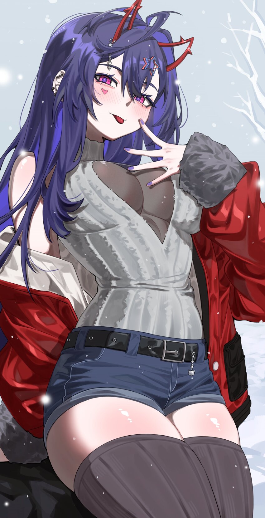 1girl, absurdres, akar1_akar1, akuma_nihmune, akuma_nihmune_(winter), bare_shoulders, bare_tree, belt