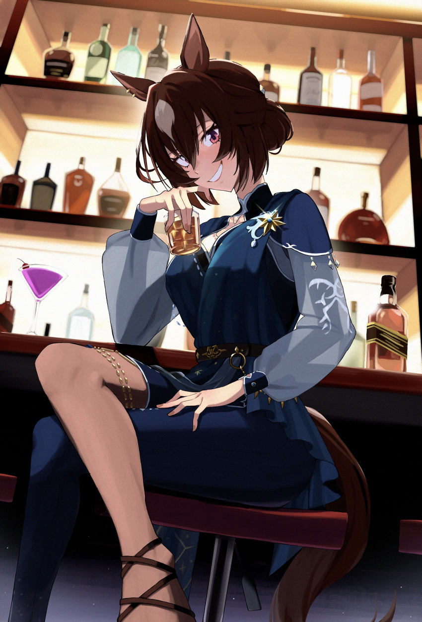 1girl, absurdres, alcohol, animal_ears, bar_stool, black_pantyhose, blue_dress, blush