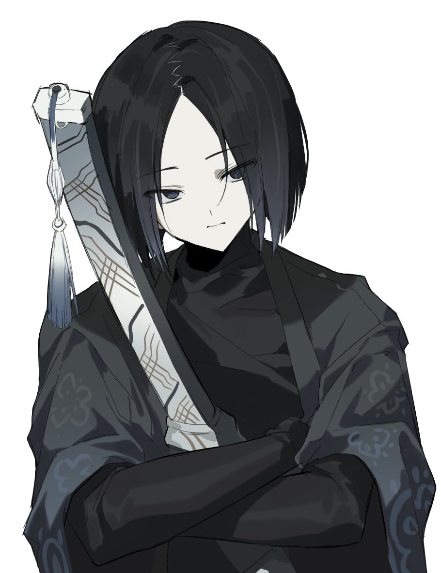 1boy, black_eyes, black_hair, black_shirt, blunt_ends, bob_cut, commentary_request, crossed_arms, hakama, holding, holding_sword, holding_weapon, japanese_clothes, korean_commentary, limbus_company, long_sleeves, mamjjan, project_moon, ren_(project_moon), scabbard, sheath, shirt, sword, sword_tassel, tassel, turtleneck, weapon, weapon_tassel