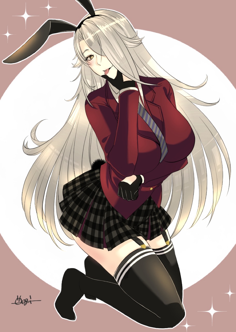 1girl, collared_shirt, commentary, formal_clothes, hair_over_one_eye, highres, indie_virtual_youtuber, jacket, long_hair, long_sleeves, necktie, oogi_illust, pleated_skirt, red_jacket, school_uniform, shirt, skirt, skirt_suit, smile, solo, suit, suit_jacket, taut_clothes, taut_skirt, tongue, tongue_out, v, virtual_youtuber, white_shirt, yellow_eyes, zentreya, zentreya_(cyborg), zentreya_(cyborg)_(1st_costume), zentreya_(cyborg)_(regal), zentreya_(cyborg)_(zen_2.0)