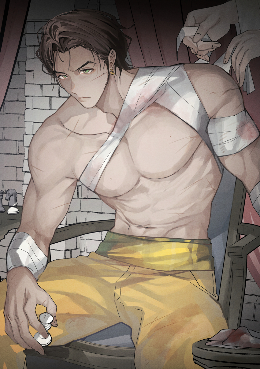 1boy, absurdres, bandaged_arm, bandages, black_hair, cdgm000, chair, chess_piece