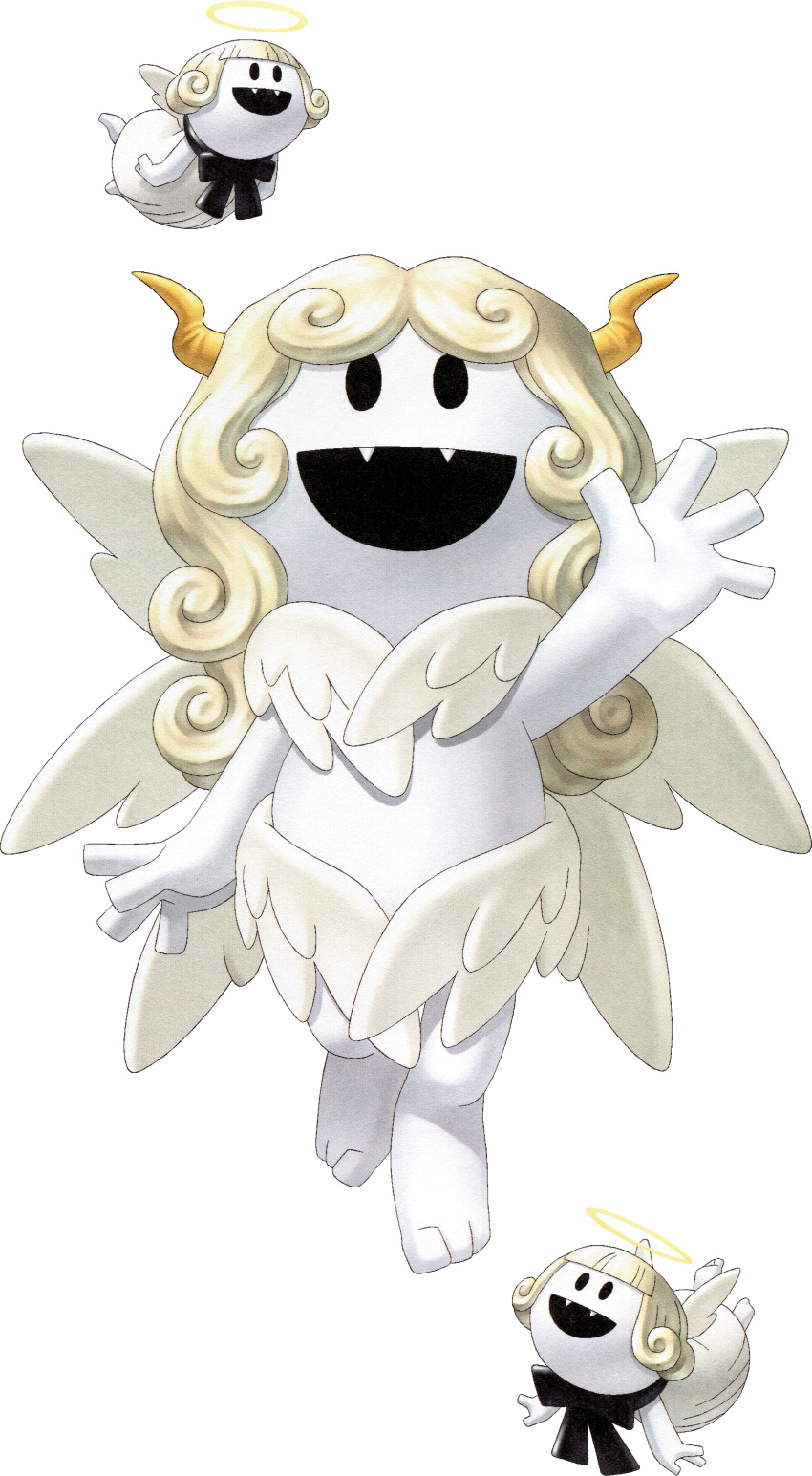 :d, absurdres, angel, angel_wings, blonde_hair, demon_(megami_tensei), fangs, halo, highres, horns, kazuma_kaneko, lucifer_frost, multiple_wings, official_art, open_mouth, scan, seraph, shin_megami_tensei, shin_megami_tensei_devil_children, simple_background, smile, third-party_source, transparent_background, wings