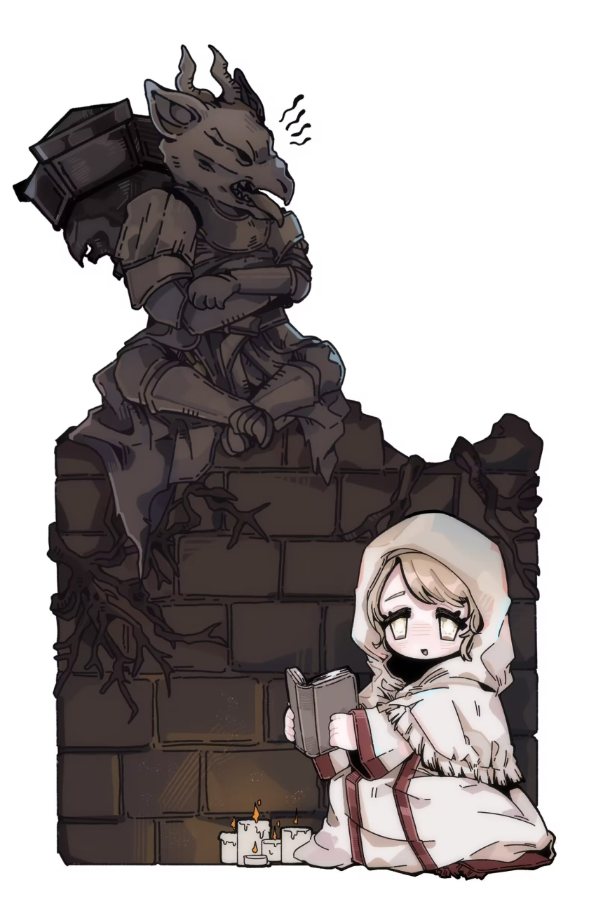 1boy, 1girl, absurdres, armor, black_armor, blonde_hair, book, capelet