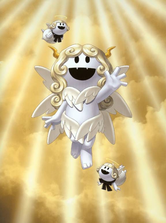 :d, angel, angel_wings, blonde_hair, demon_(megami_tensei), fangs, halo, horns