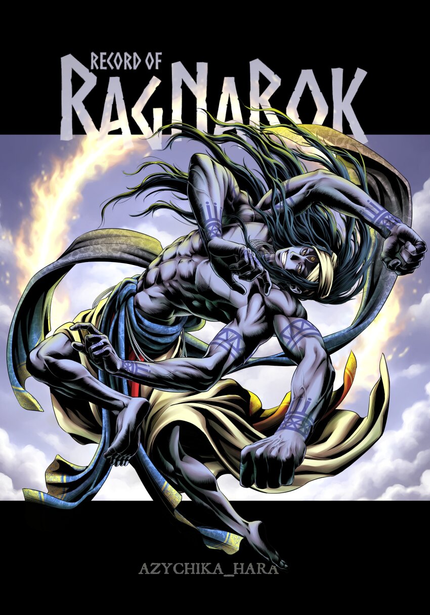 1boy, abs, absurdres, arm_tattoo, azychika, black_hair, black_sclera, blue_skin, collarbone, colored_sclera, colored_skin, commentary_request, extra_arms, extra_eyes, finger_tattoo, forehead_tattoo, headband, highres, looking_at_viewer, male_focus, monster_boy, muscular, muscular_male, neck_tattoo, nipples, orange_eyes, pectorals, shiva_(shuumatsu_no_valkyrie), shredded_muscles, shuumatsu_no_valkyrie, smile, solo, tattoo, third_eye, topless_male, turban, yellow_eyes