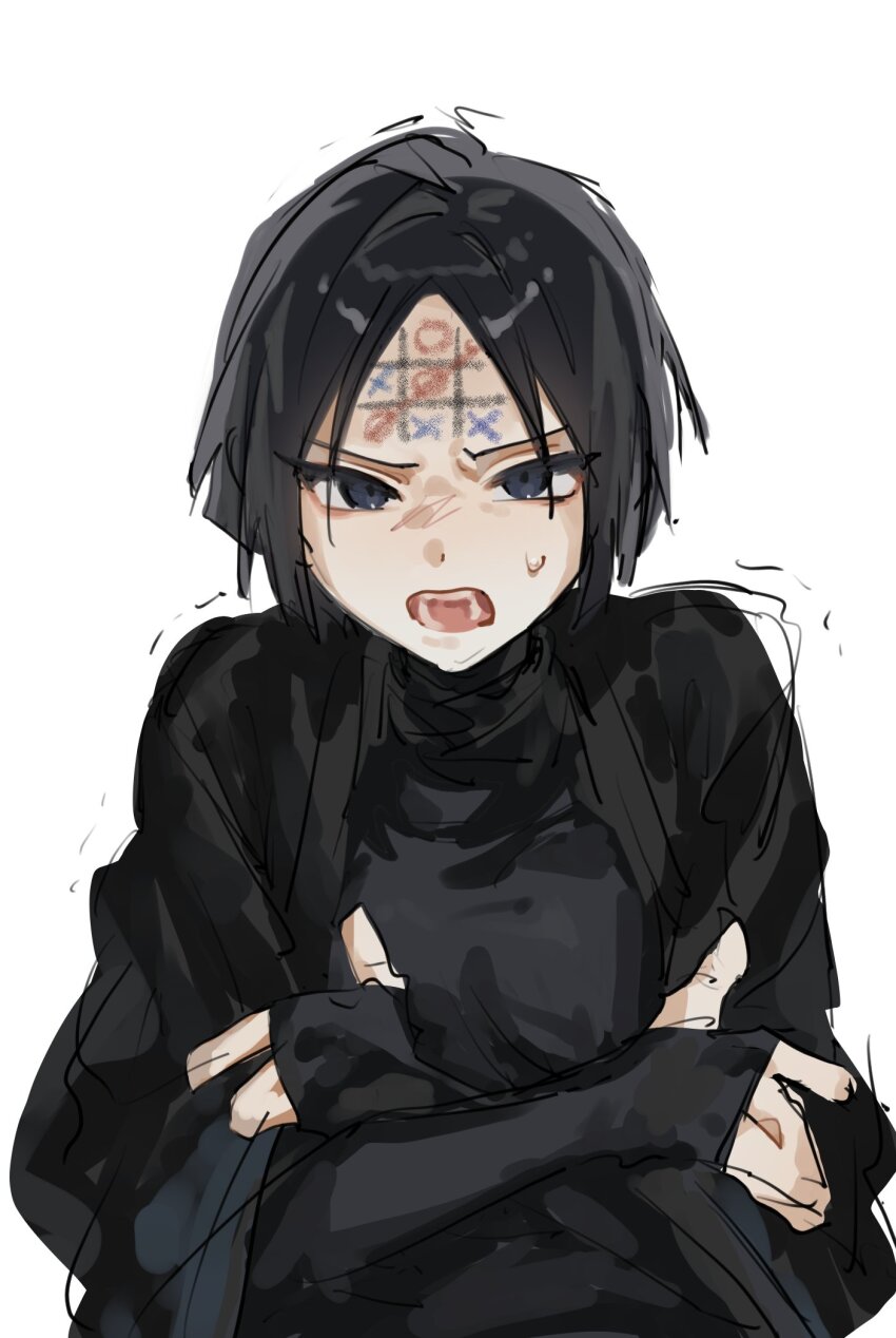 1boy, black_eyes, black_hair, black_shirt, blush, bob_cut, commentary_request, crossed_arms, dhlrhkrwnals, embarrassed, forehead, hakama, highres, japanese_clothes, korean_commentary, limbus_company, long_sleeves, looking_at_viewer, open_mouth, project_moon, ren_(project_moon), shaking, shirt, simple_background, sketch, sweatdrop, tic-tac-toe, white_background