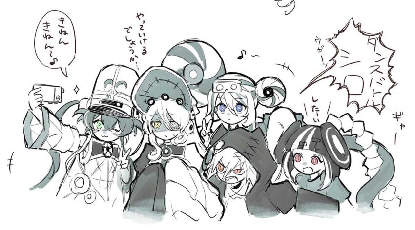 5girls, :3, color_filter, commentary_request, duel_monster, hair_between_eyes, hair_bun, hat