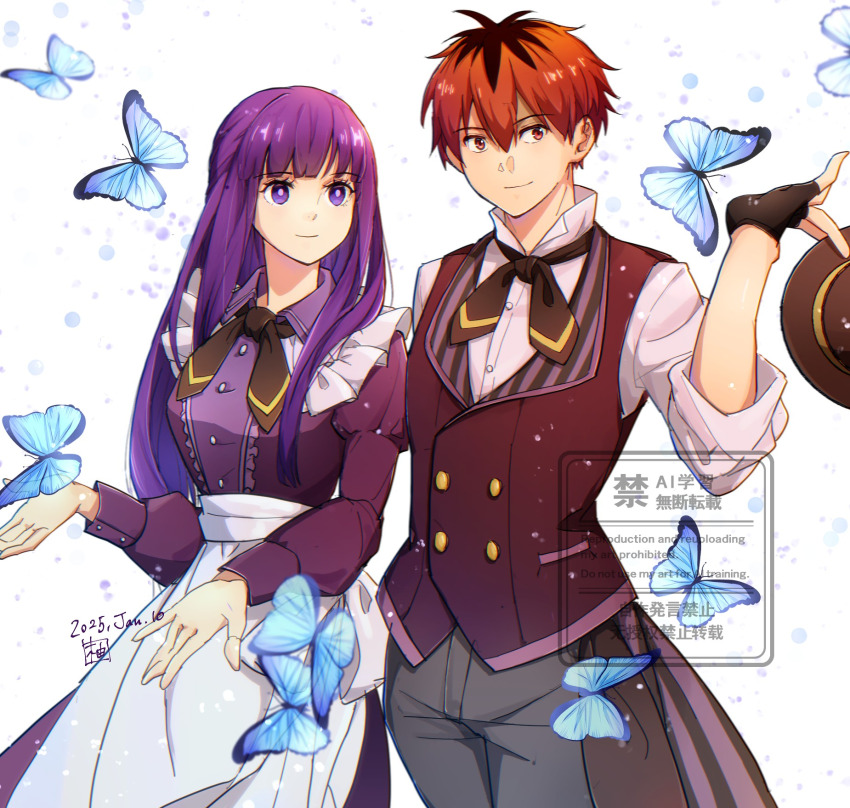 1boy, 1girl, black_hair, blunt_bangs, breasts, bug, butterfly, collared_shirt, colored_eyelashes, commentary_request, fern_(sousou_no_frieren), fingerless_gloves, gloves, hat, highres, holding, holding_unworn_clothes, holding_unworn_hat, insect, large_breasts, long_hair, long_sleeves, pants, purple_eyes, purple_hair, red_hair, shirt, smile, sousou_no_frieren, stark_(sousou_no_frieren), unworn_hat, unworn_headwear, vest, yuzuka-53