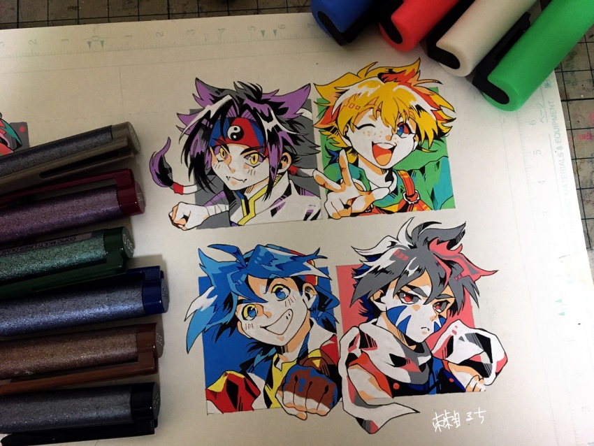 4boys, :d, art_tools_in_frame, bakuten_shoot_beyblade, bandaged_arm, bandages, bare_shoulders, beyblade