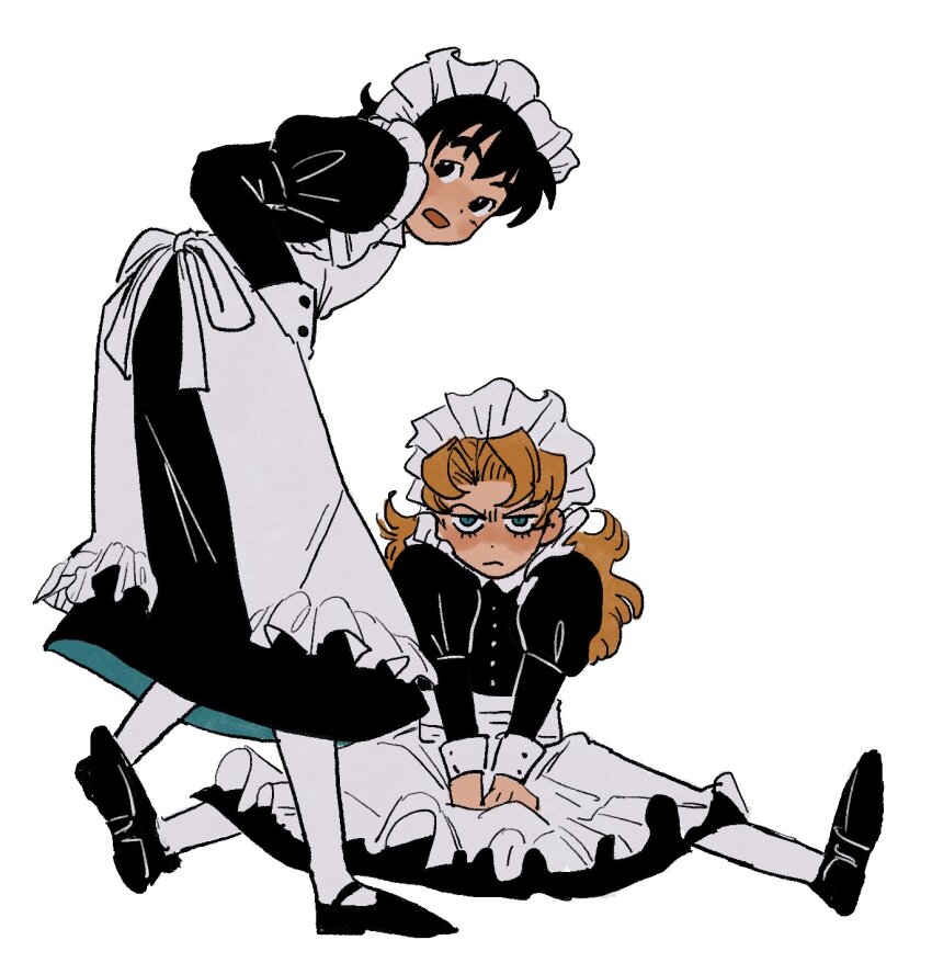 1boy, 1girl, black_hair, blush, bonnet, closed_mouth, commentary_request, crossdressing, crossdressing_(mtf), dragon_quest, dragon_quest_vii, full_body, hero_(dq7), highres, karumoimoi, long_hair, looking_at_viewer, maid, maribel_(dq7), open_mouth, simple_background, white_background