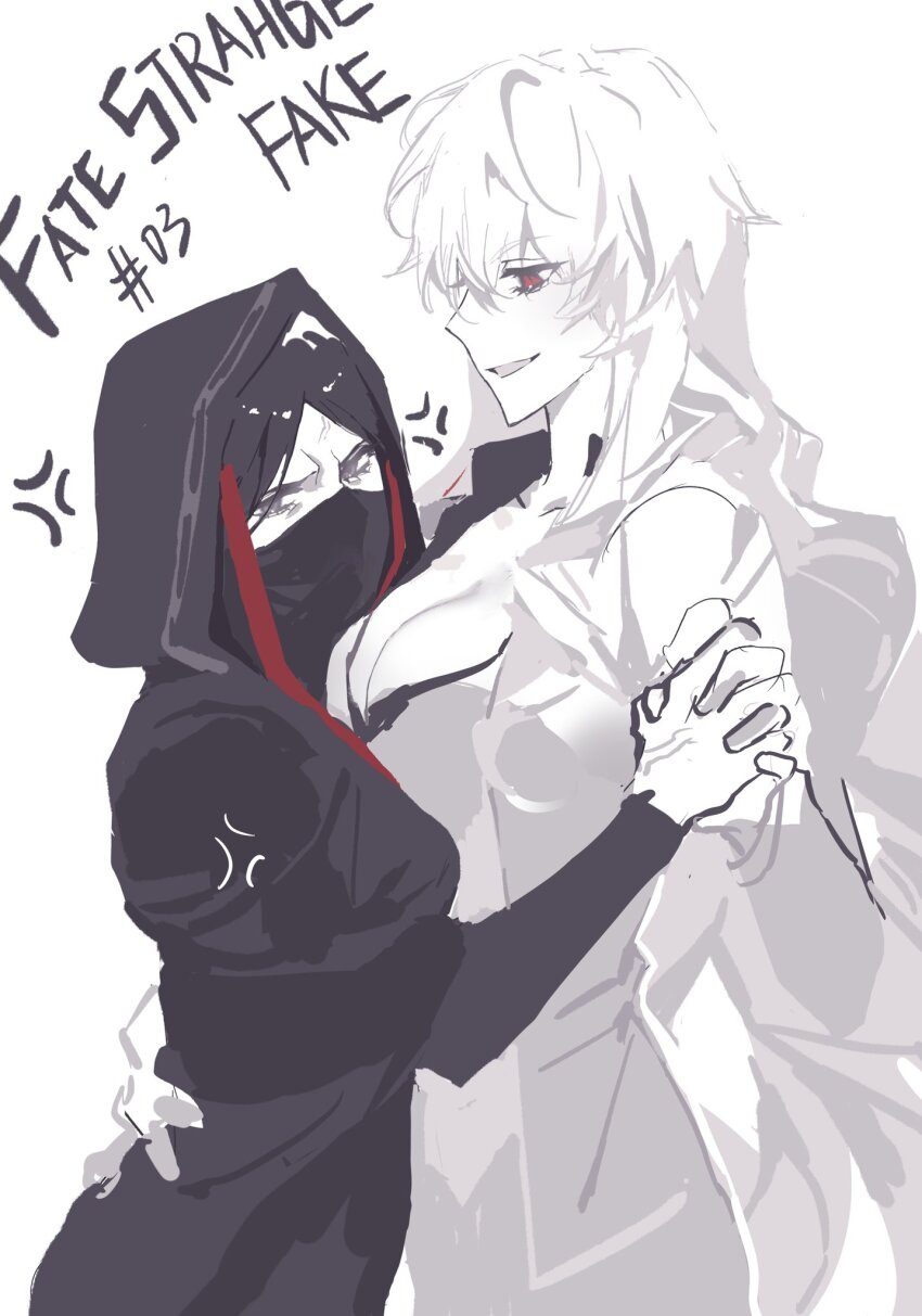 2girls, anger_vein, angry, annoyed, black_cloak, black_hair, black_hood, blush, breasts, cloak, commentary, covered_mouth, english_commentary, english_text, fate/strange_fake, fate_(series), formal_clothes, genderswap, genderswap_(mtf), grin, hand_on_another's_waist, highres, holding_hands, hood, huge_breasts, jester_karture, long_hair, looking_at_viewer, messy_hair, multiple_girls, no_name_assassin_(fate), parted_bangs, red_eyes, shirt, smile, span_(shibanyu63868), suit, vampire, wavy_hair, white_shirt, white_suit