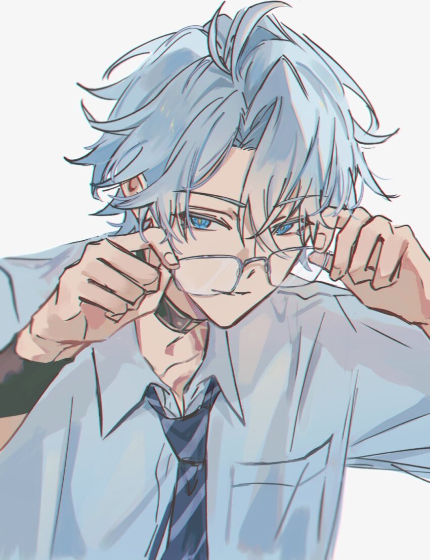 1boy, adjusting_eyewear, alternate_costume, antenna_hair, black_choker, blue_eyes, choker, chrysos_heirs_school_uniform
