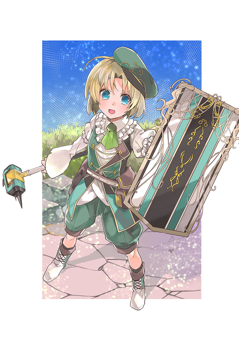 1boy, ascot, blue_eyes, commentary_request, daichi_no_hammer_(grimms_notes), full_body, grass, green_ascot