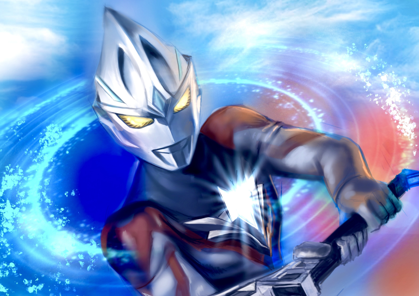 1boy, absurdres, alien, arc_eye_sword, black_skin, blue_background, blue_gem, color_timer, colored_skin, commentary, commentary_typo, dorsal_fin, forehead_jewel, gem, giant, giant_male, glint, glowing, glowing_eyes, highres, holding, holding_sword, holding_weapon, light_particles, looking_ahead, male_focus, multicolored_skin, no_pupils, pectorals, red_skin, silver_skin, solo, sword, thomas_chan, tokusatsu, toned, toned_male, ultra_series, ultraman_arc, ultraman_arc_(series), upper_body, weapon, whirlwind, wrinkled_skin, yellow_eyes