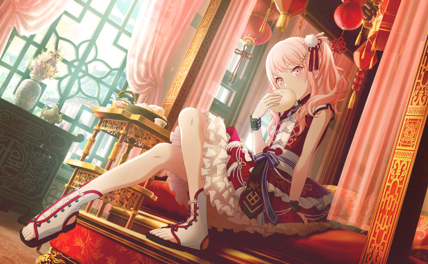 1other, akiyama_mizuki, colorful_palette, covering_own_mouth, curtains, dress, food, frilled_dress