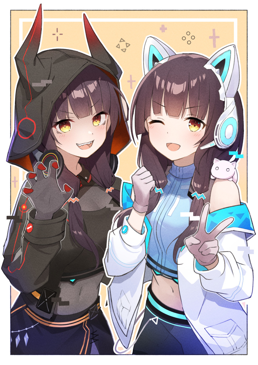 2girls, :d, ;d, absurdres, animal, animal_ear_headphones, animal_ears, animal_on_shoulder
