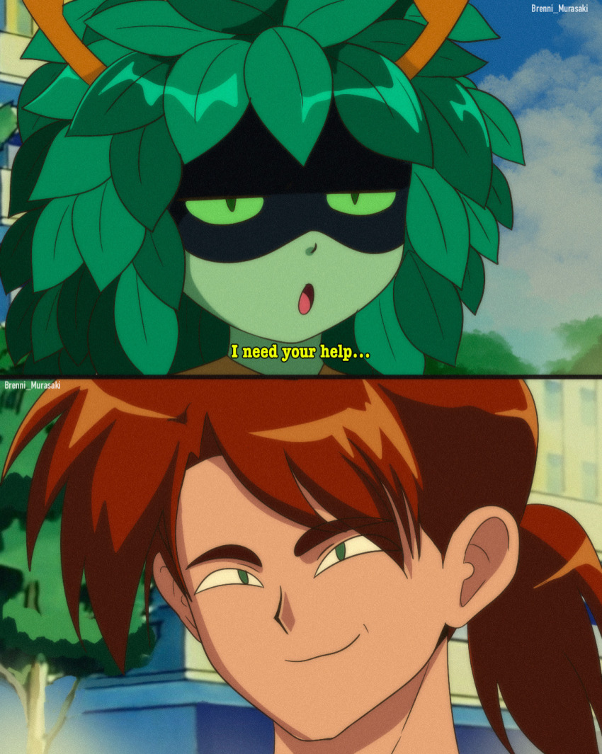 1990s_(style), 1boy, 1girl, adventure_time, adventure_time:_fionna_and_cake, brenni_murasaki, colored_sclera, colored_skin, commentary, english_commentary, eye_mask, green_hair, green_sclera, green_skin, hair_branch, highres, horns, hunter_(adventure_time), huntress_wizard, leaf, looking_at_viewer, mask, plant_hair, ponytail, retro_artstyle, scene_reference