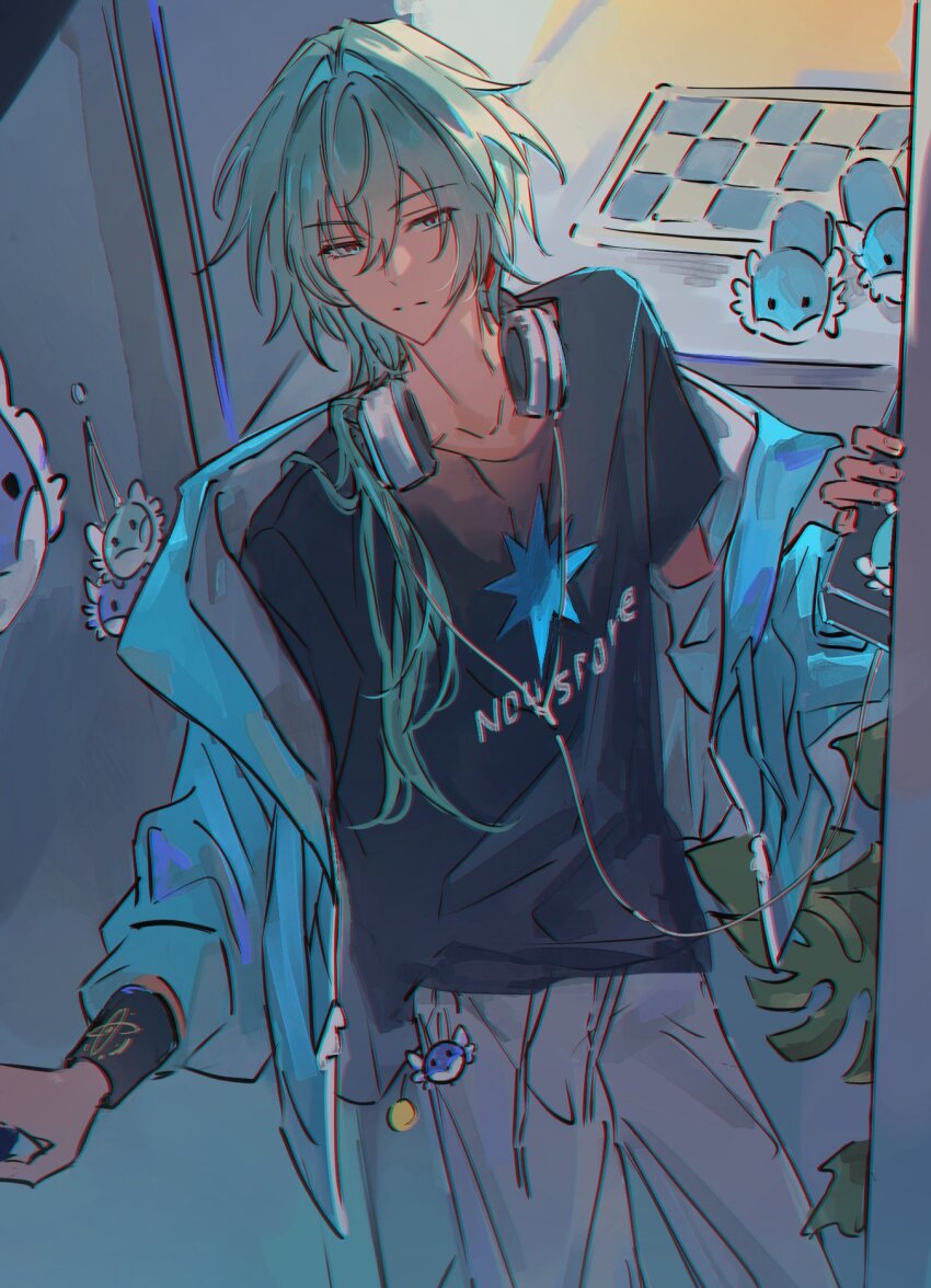 1boy, alternate_costume, anaxa_(alternate_spacetime)_(honkai:_star_rail), anaxa_(honkai:_star_rail), animal_slippers, black_shirt, blue_jacket, casual, contemporary, cowboy_shot, doorway, expressionless, green_hair, grey_pants, hair_between_eyes, hair_over_shoulder, hashtag-only_commentary, headphones, headphones_around_neck, highres, honkai:_star_rail, honkai_(series), jacket, long_hair, looking_at_viewer, male_focus, open_clothes, open_jacket, pants, ponytail, pov_doorway, rhm_ooo, shirt, slippers, solo, t-shirt, unworn_slippers, wristband