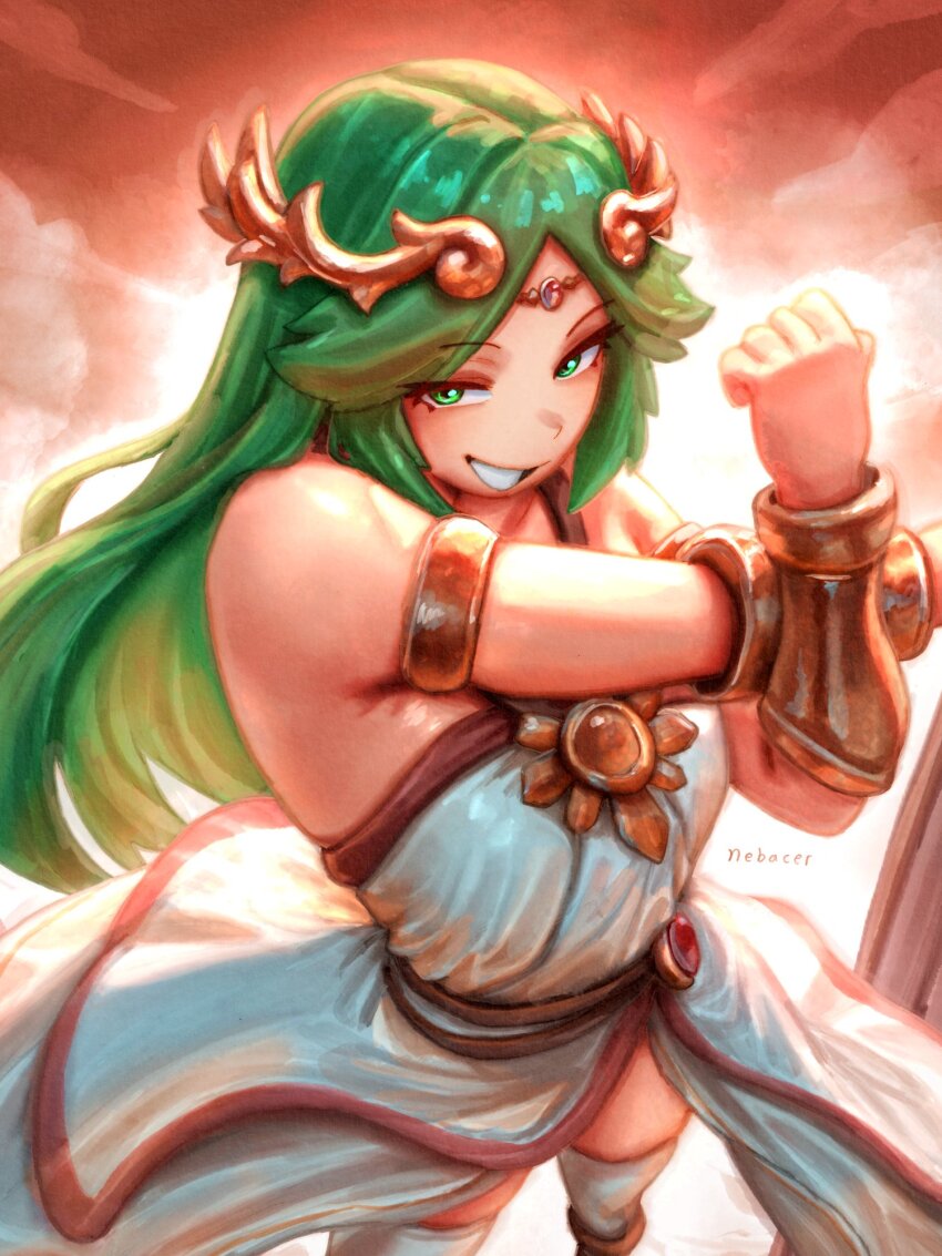 1girl, armor, artist_name, bare_shoulders, bracer, breasts, circlet, commentary, english_commentary, gold_armor, gold_bracer, gold_ring, hair_ornament, highres, kid_icarus, long_hair, looking_at_viewer, medium_breasts, nebacer, nintendo, palutena, smile, solo, stretching, sunlight, super_smash_bros., tagme