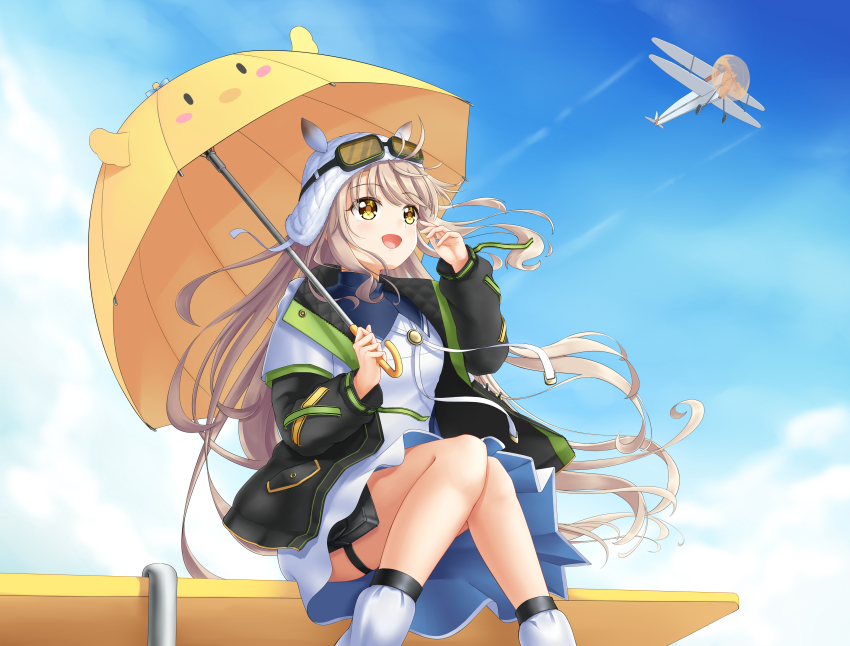 1girl, :d, absurdres, aircraft, airplane, anemoi, bilingual_commentary, black_jacket