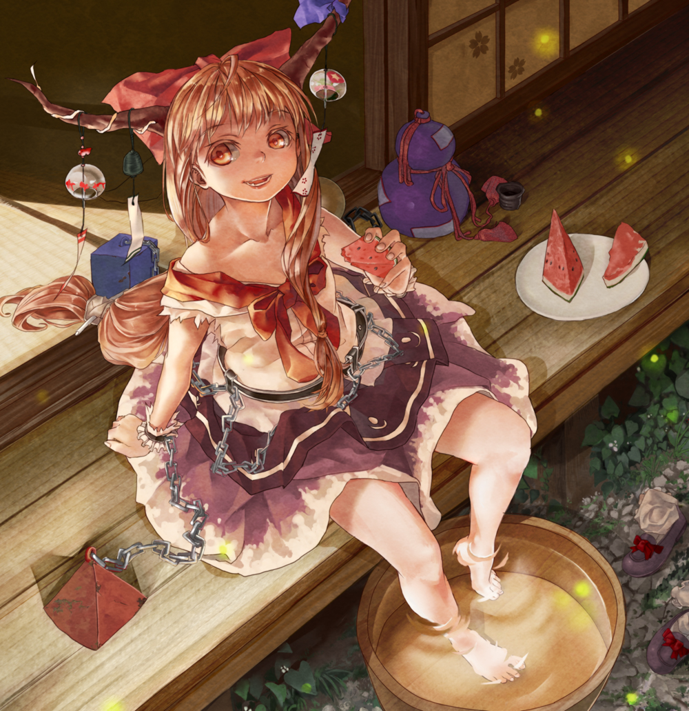 1girl, bare_shoulders, barefoot, belt, blonde_hair, chain, female_focus, food, fruit, gourd, horns, ibuki_suika, junly, long_hair, off_shoulder, porch, sitting, skirt, soaking_feet, solo, touhou, tub, veranda, washbowl, water, watermelon, wind_chime, yellow_eyes